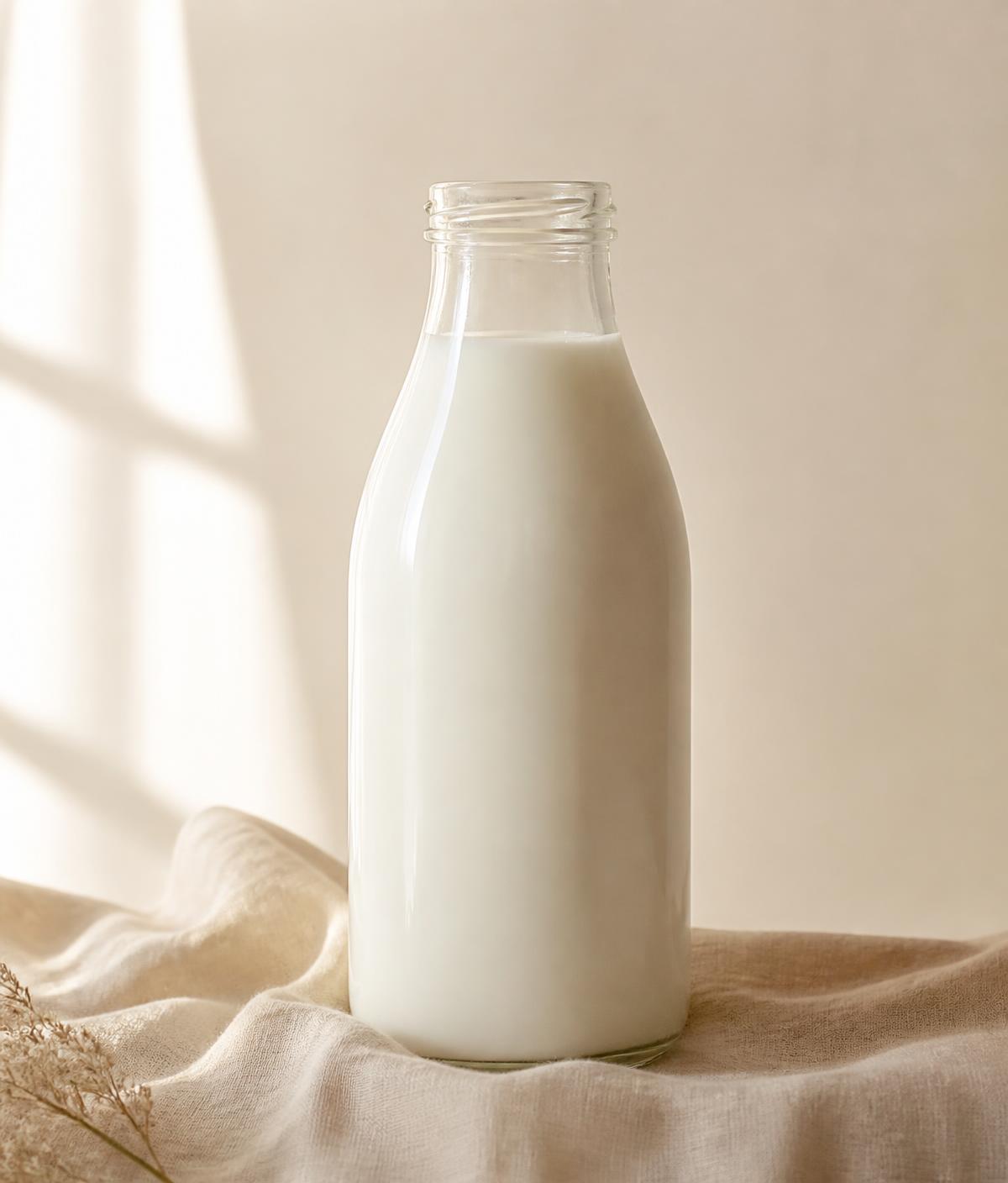 One-litre glass bottle of fresh SĀRSYA milk on warm linen