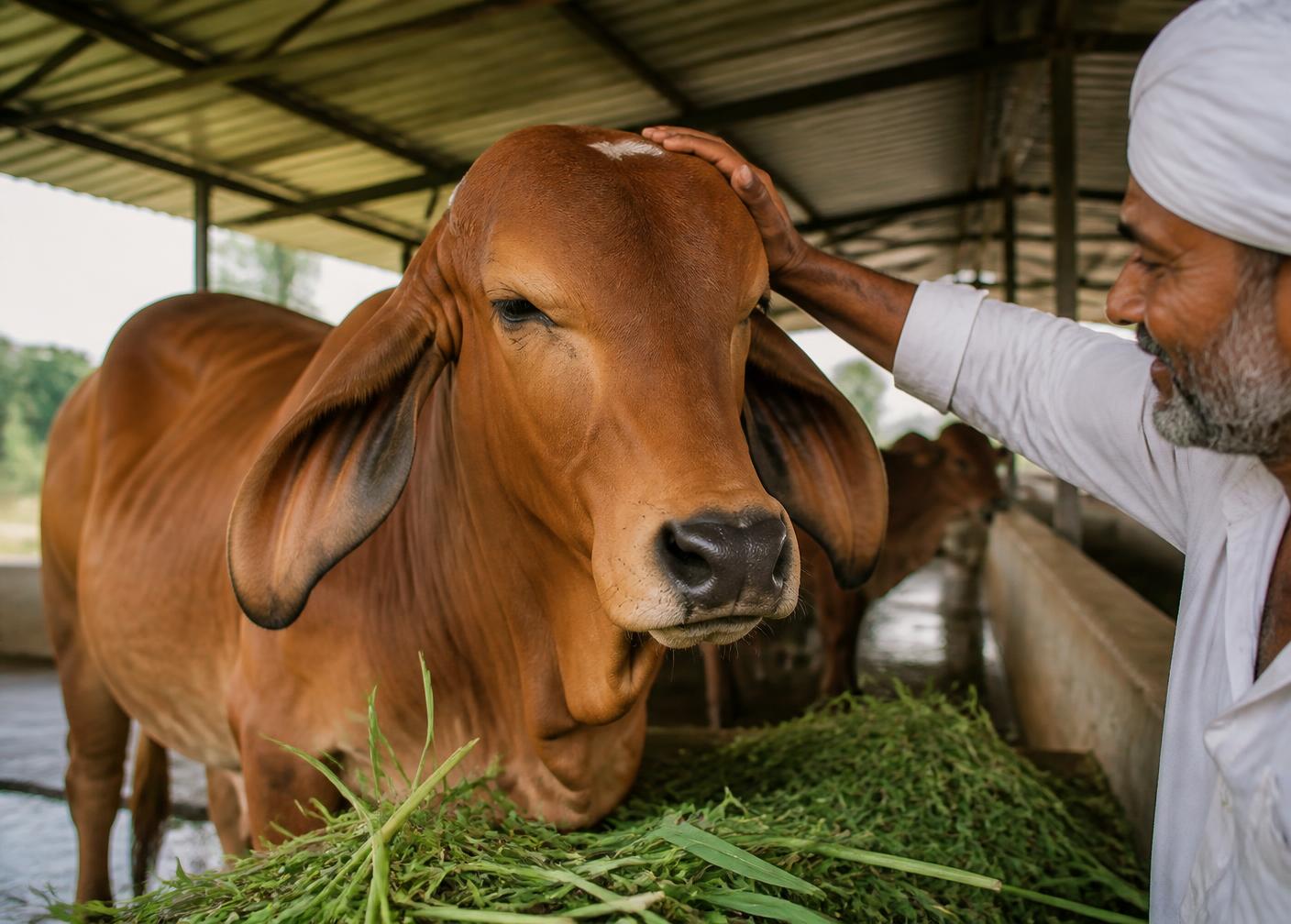 A caretaker gently tending to a healthy cow beside fresh green fodder