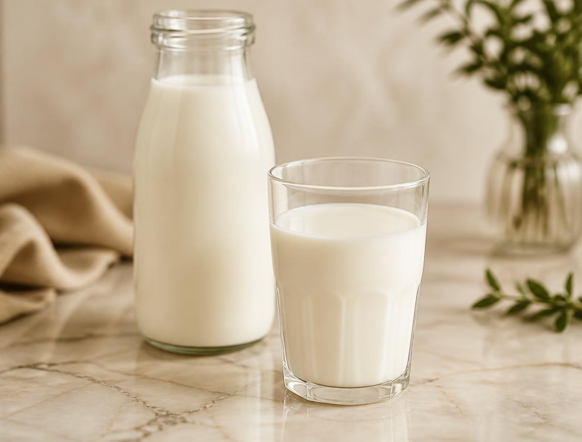 Glass and bottle of fresh organic cow milk