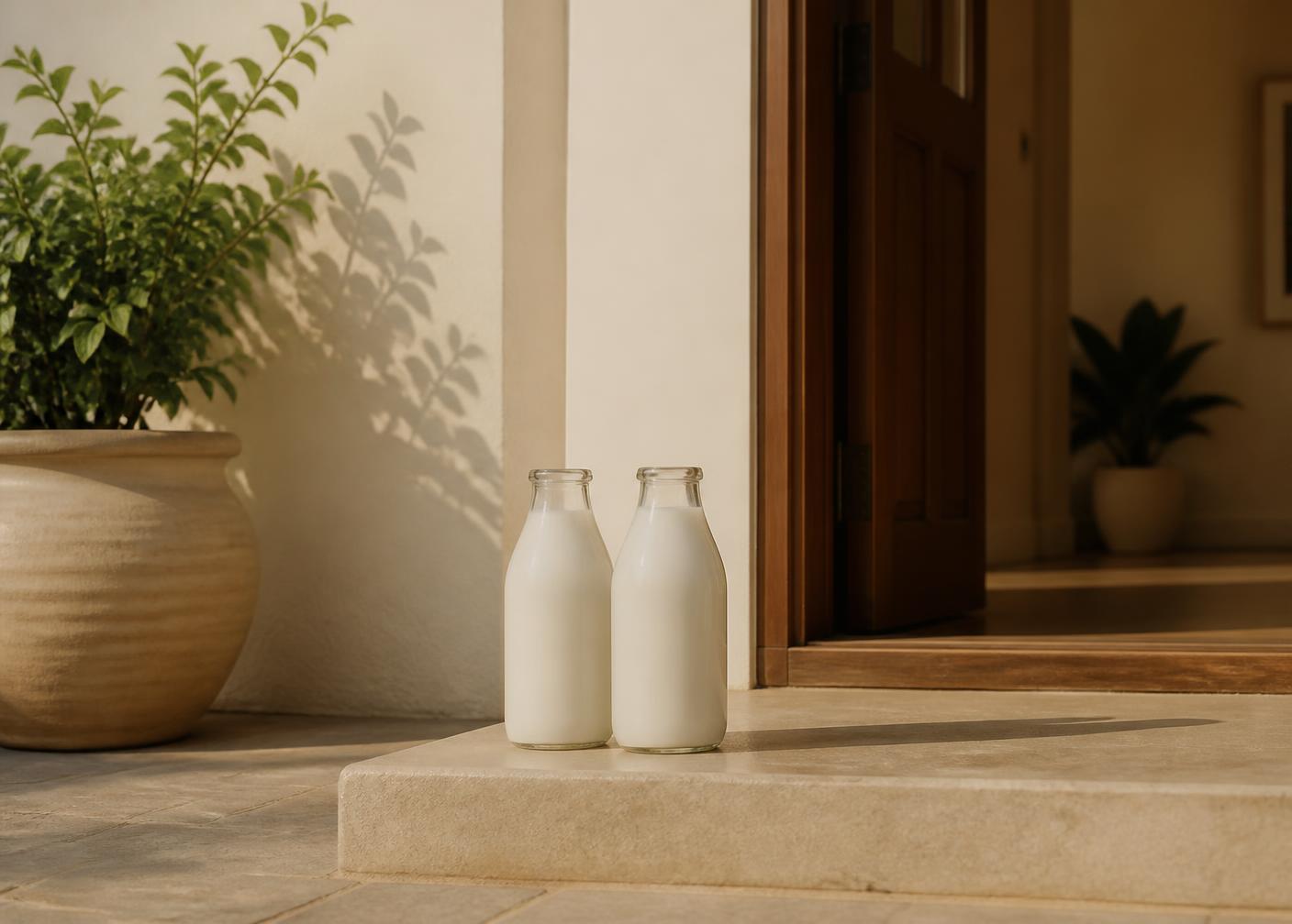 Two glass milk bottles delivered at a home doorstep at sunrise
