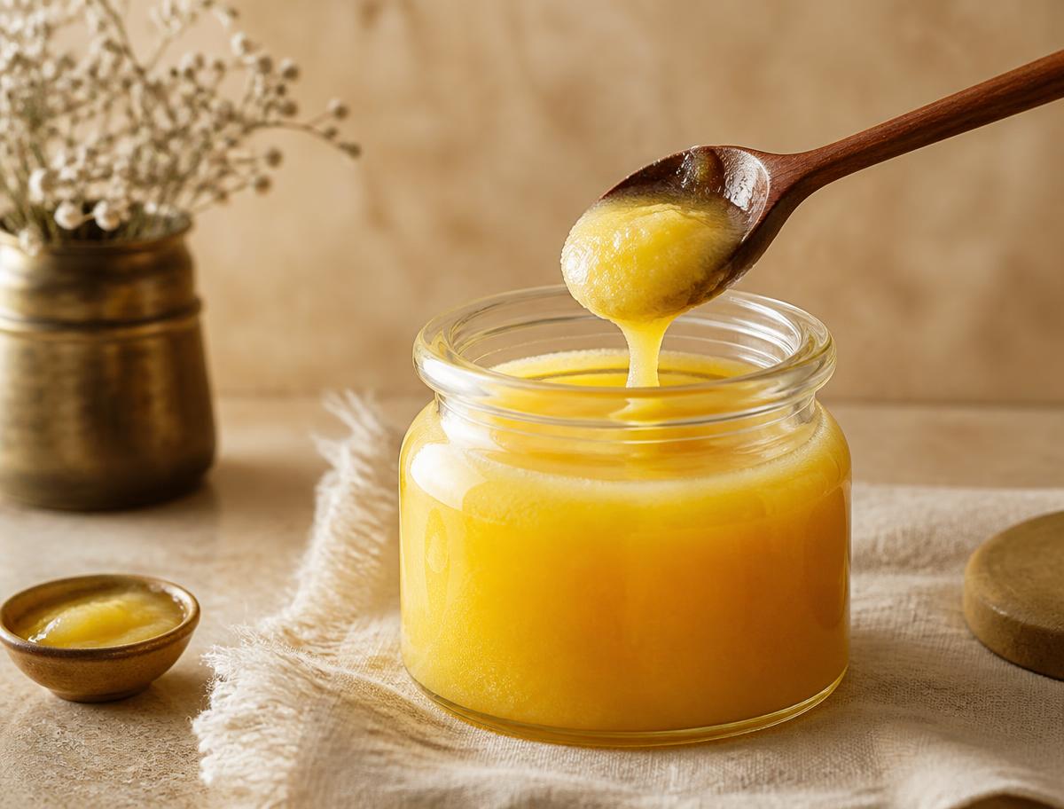 Golden pure ghee in a glass jar with a wooden spoon
