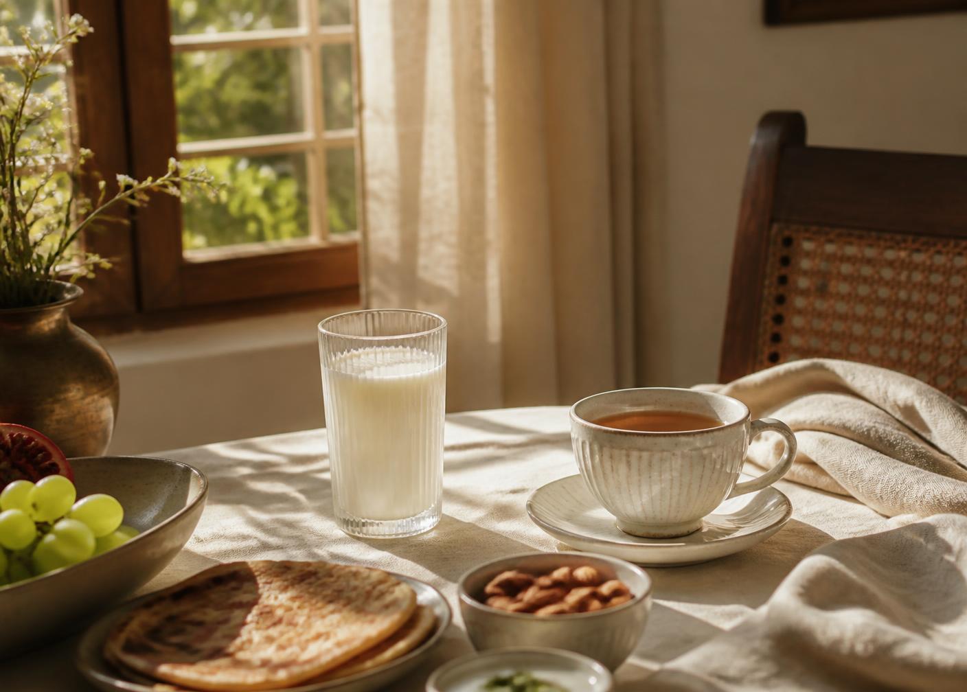 Morning breakfast table with a glass of milk and chai