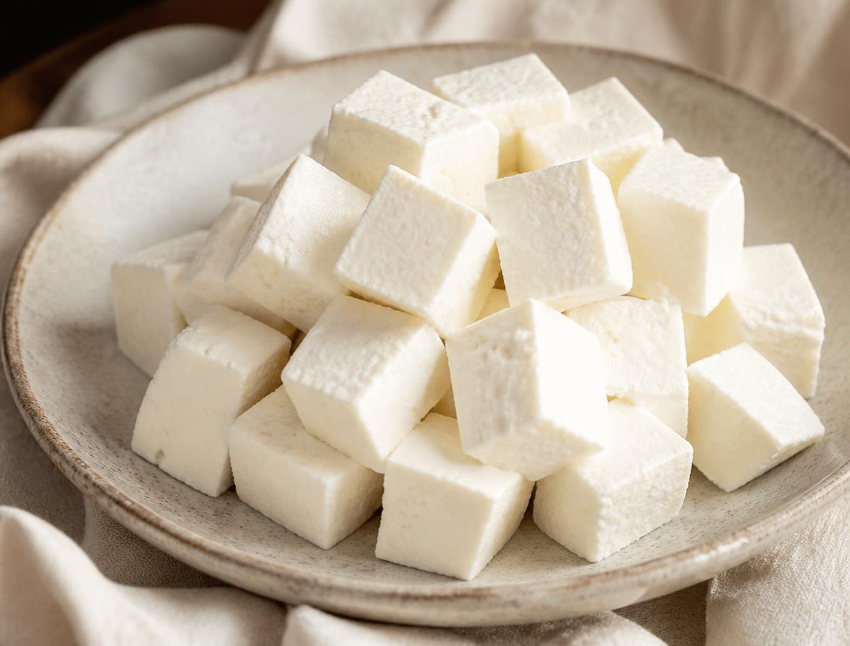 Fresh soft paneer cubes on a ceramic plate